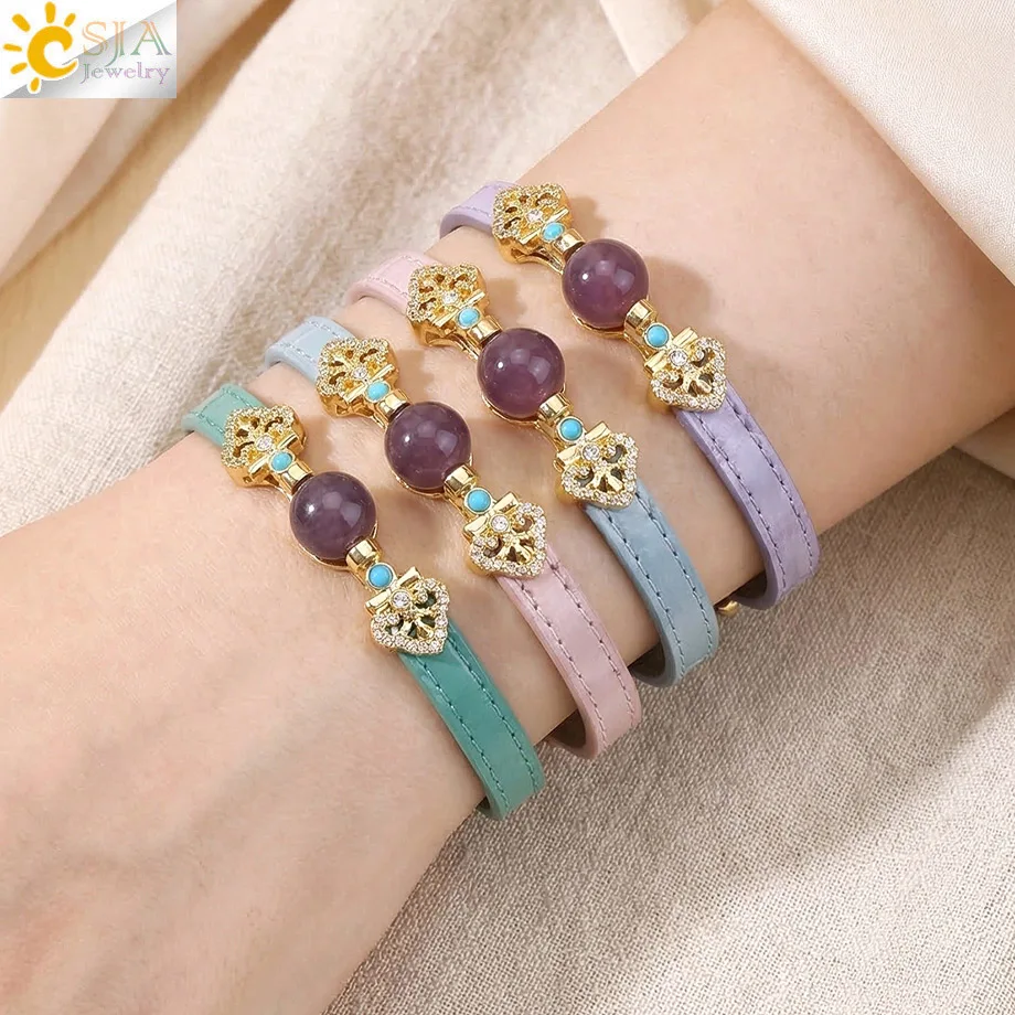 CSJA Bohemian Leather Bracelet with Adjustable Amethyst Crystal Natural Stone Watch Strap Chain Bangles Handmade Jewelry H860