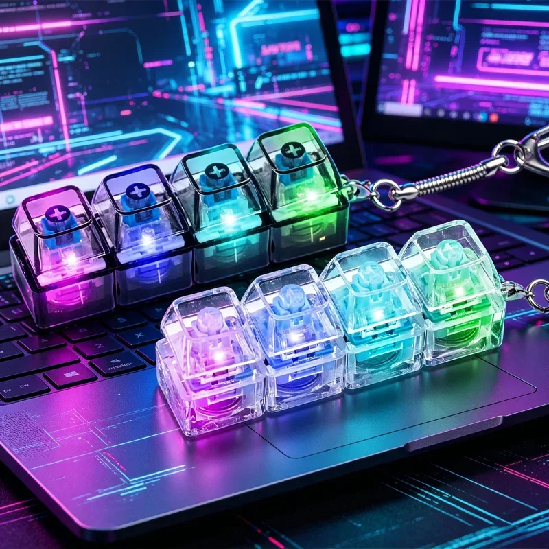 LED Light Up Keyboard Keychain with Clickable Buttons - Stress Relief Fidget Toy, Portable Desk Accessory, Office Decor Gift