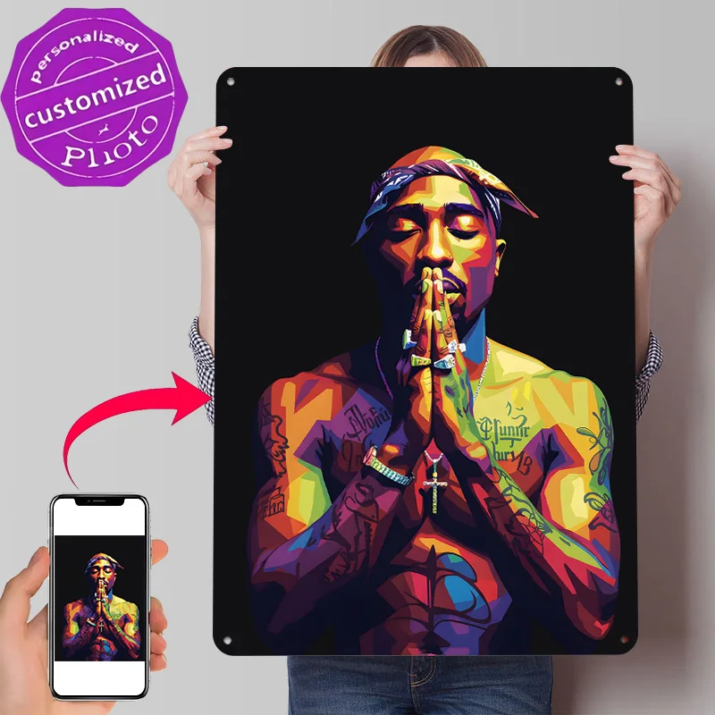 Tupac Shakur Colorful Portrait Poster Retro 3D Printed Metal Signs Customized Wall Hanging Gift for Mancave Decoration Gaming