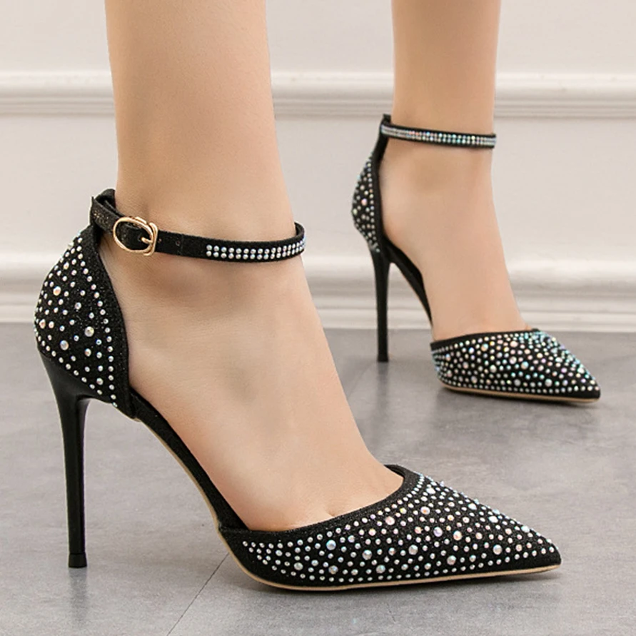 Bling Sequined Cloth Women Wedding Shoes 2026 Fashion Crystal Buckle Shallow Female Sandals Pointed Woman High Heels Shoes Dress