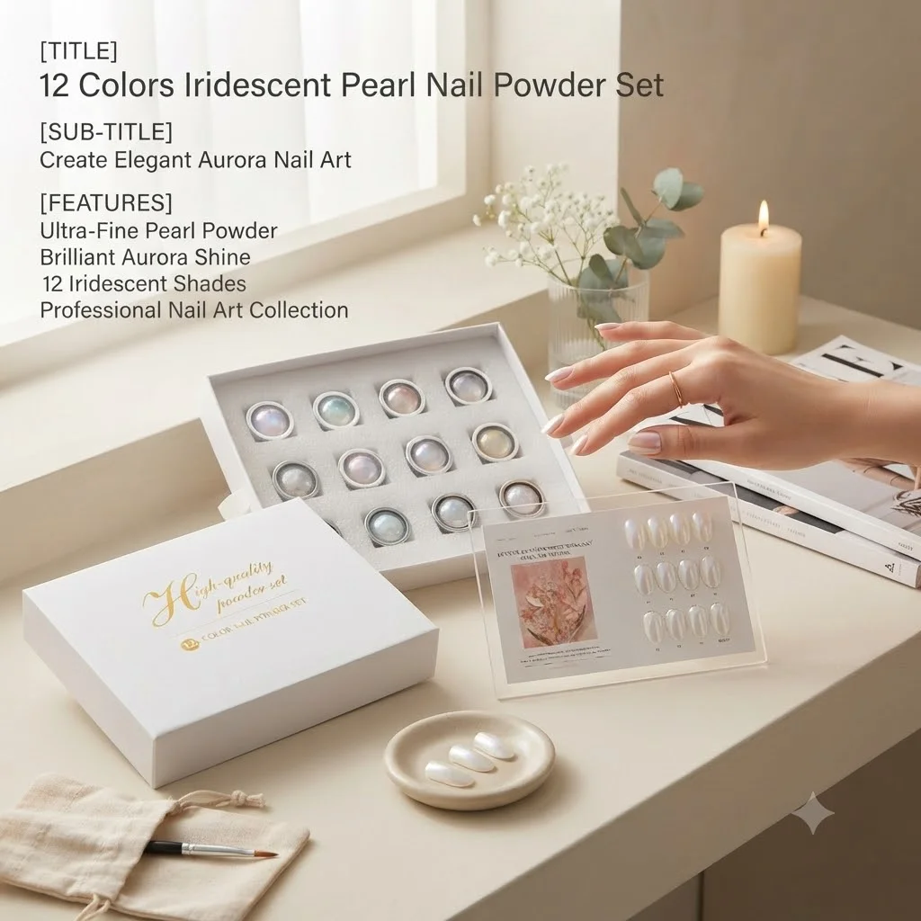 12PCS Aurora Pearl Chrome Nail Powder Set, Ultra Fine Nail Pigment, Iridescent Mirror Mermaid Effect, Professional Salon DIY Gel