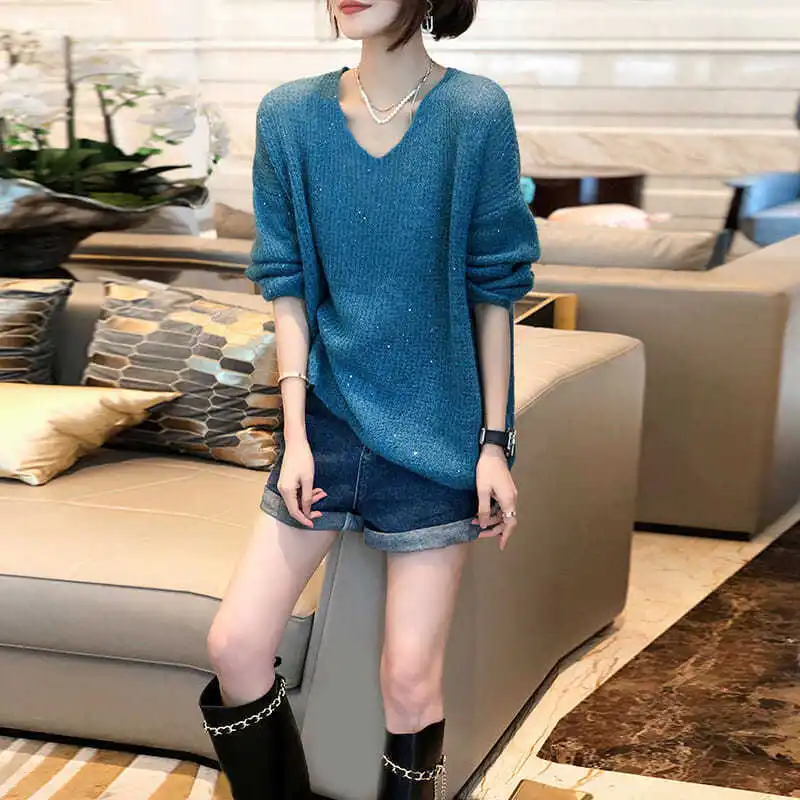 Lady Korean Loose V-Neck Solid Sweaters Pullovers Women's Clothing Autumn Winter Temperament All-match Long Sleeve Knitted Tops