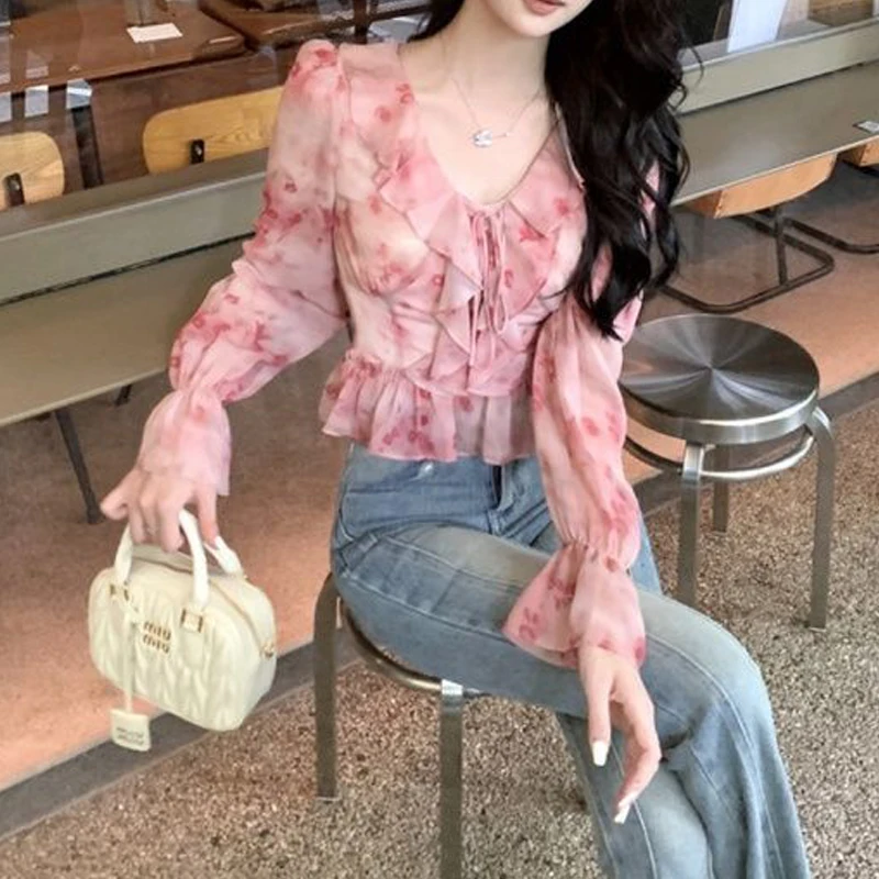 Women Stylish Floral Print Ruffles Lace Up Blouses Elegant Chic Sweet Slim Shirts Fairy V Neck Long Sleeve Chiffon Tops Female