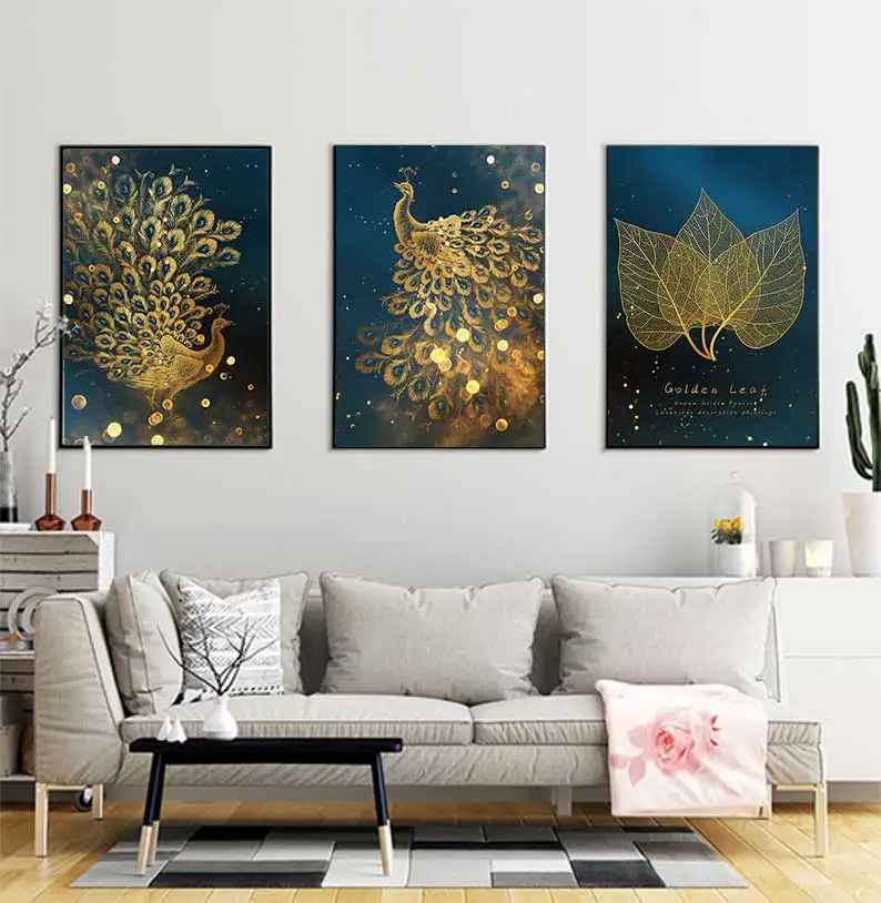 金箔と孔雀のウォールアートのポスターとプリントキャンバス、北欧の装飾、絵画、リビングルームのモジュラー画像、家の装飾