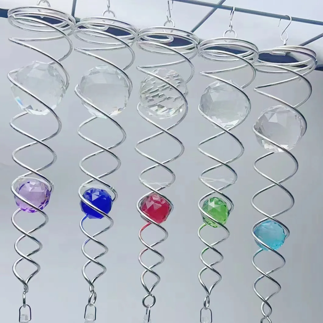 Rotating Wind Chime Accessory Stainless Steel Electroplated Crystal Glass Ball Pendant 12 Inch Spiral Tail Wind Rotating Vortex