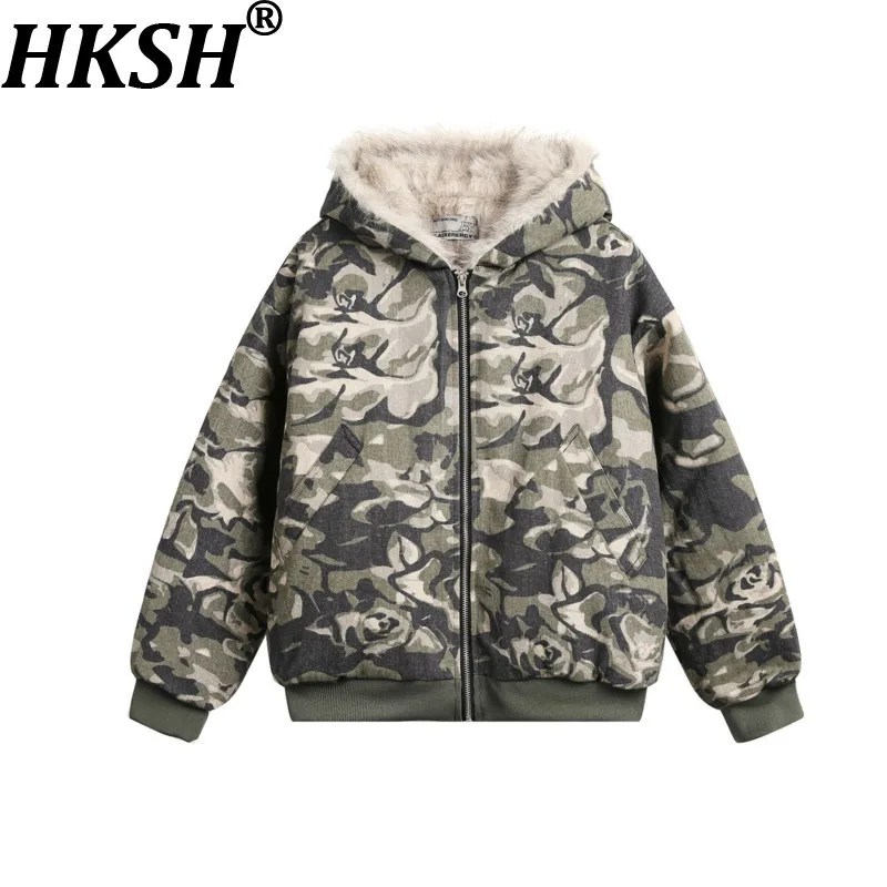 

HKSH 2025 осень зима новый мужской прилив панк High Street камуфляжная куртка с меховым воротником шикарные стеганые пальто теплый камуфляж HK13061