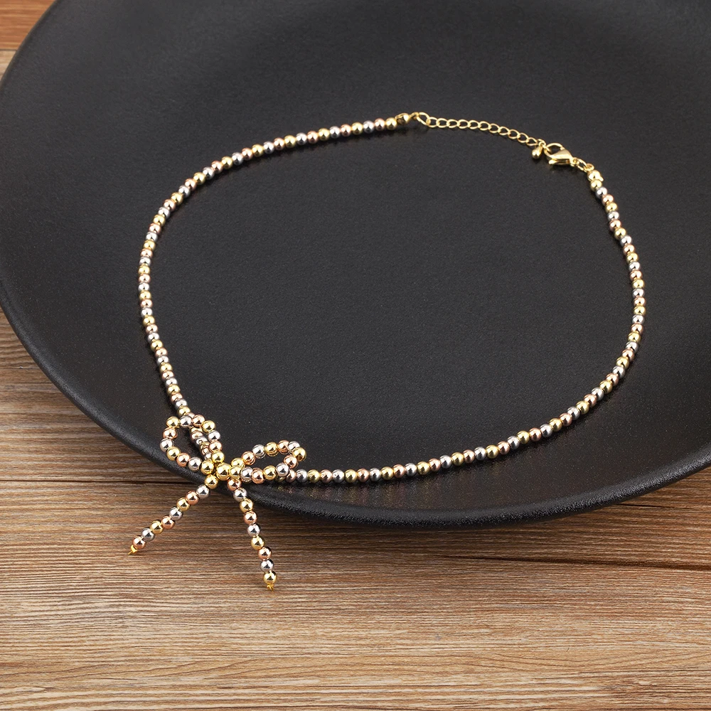 Bowknot Design Beads Necklace For Women Girls Simple Style Choker Charms Jewelry Accessories Gifts 3 Colors Choice