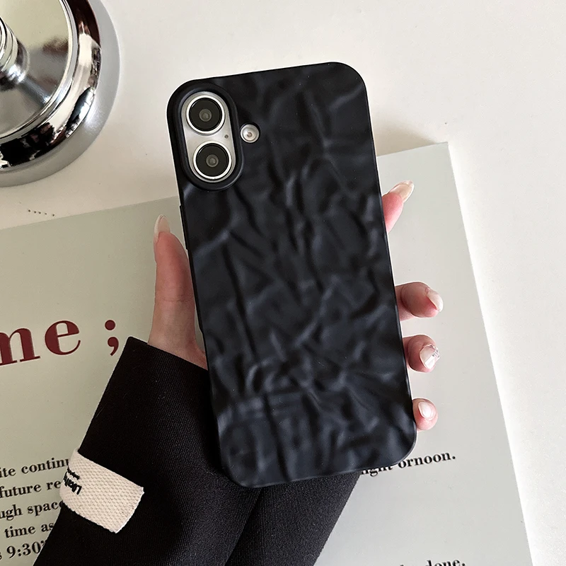 

Fashion 3D Wrinkled Tin Foil Texture Matte Black Phone Case For iPhone 16 Pro Max 11 12 13 14 15 Plus Soft Silicone Back Cover