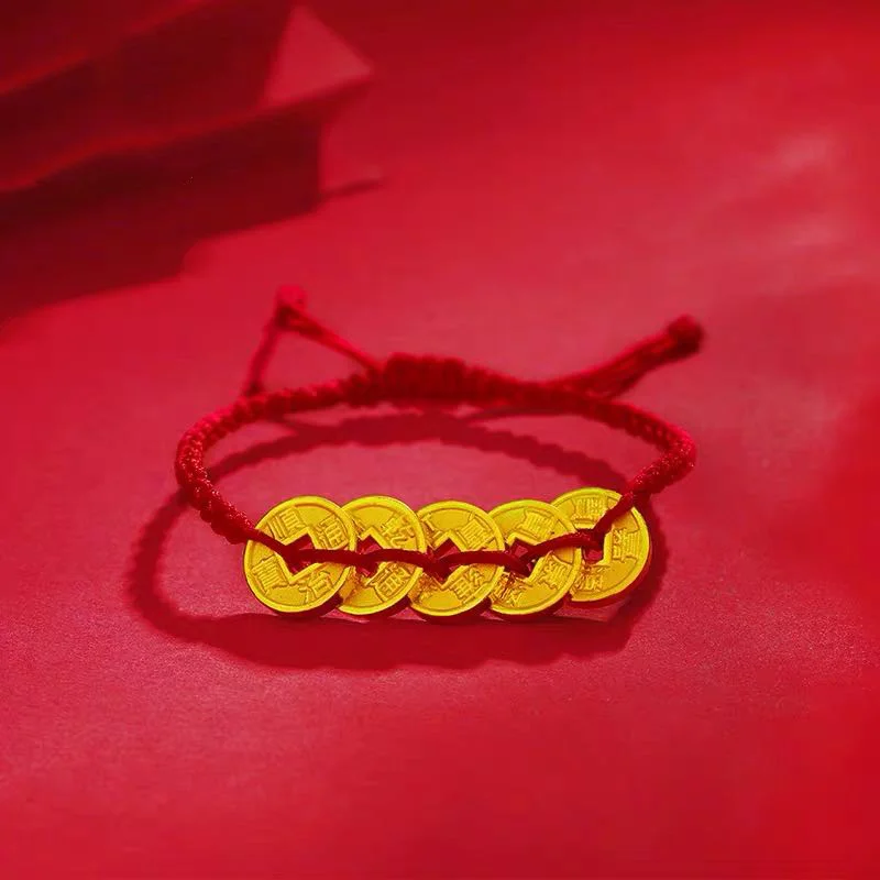 اليدوية محظوظ خمسة الأباطرة يباركون جلب الثروة المال عملة حبل السنة كريستال سوار المنسوجة يدويا العتيقة سوار هدية