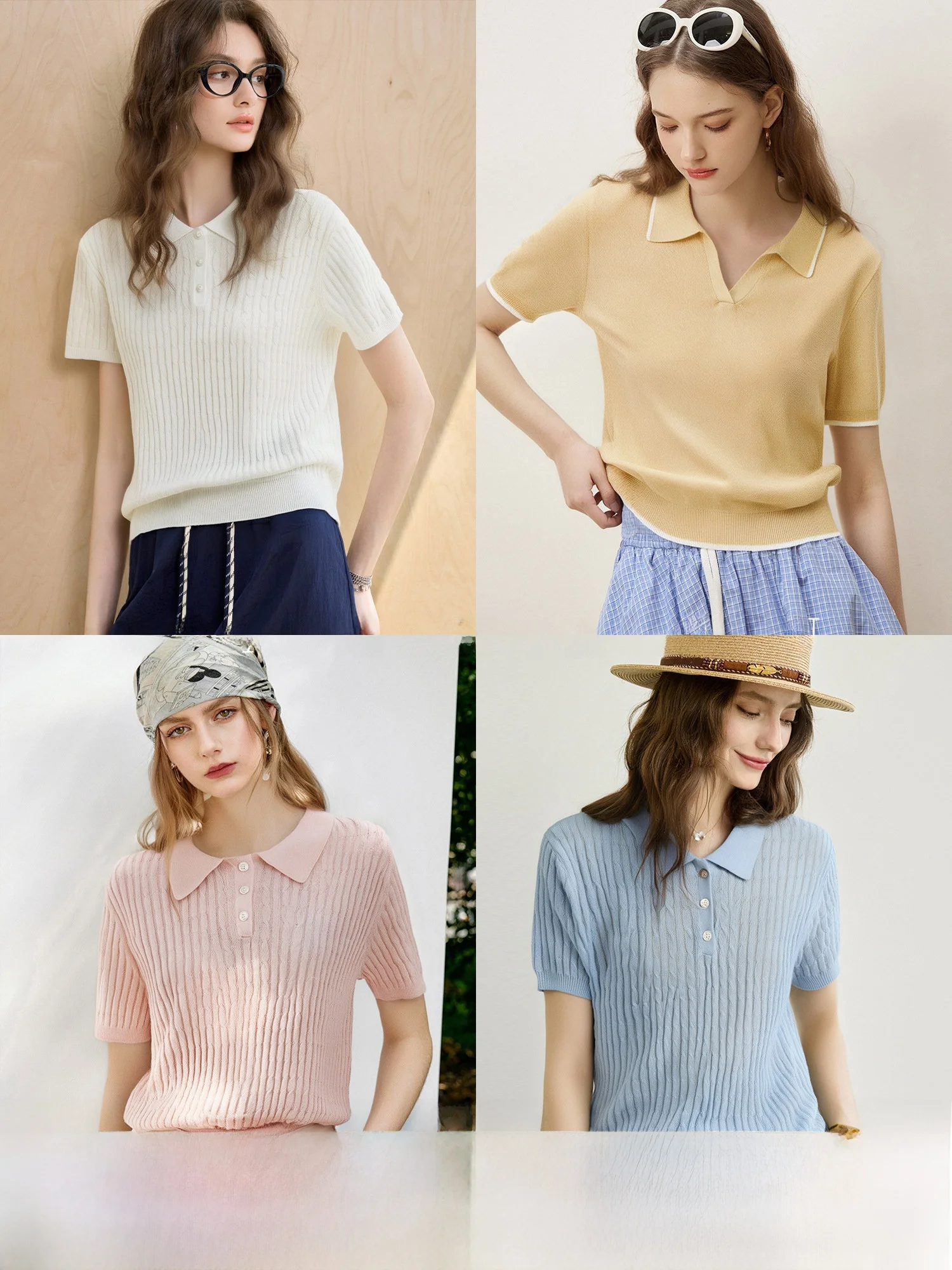 

Classic Sle Knitted irt with Stand Collar ort Sve Color Blo Light Work Environment Suitable for Summer Women