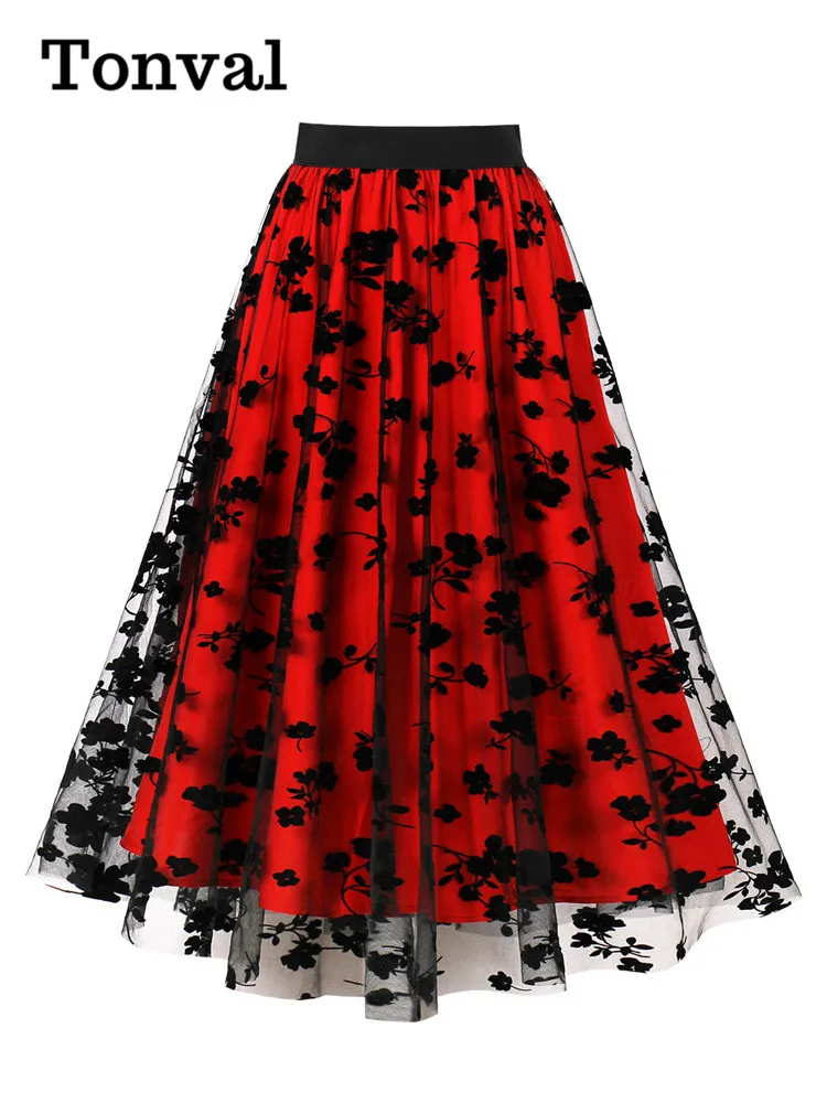 Tonval Vintage Floral Flocking Mesh Long Skirt for Women Elastic Waist Elegant Summer Pleated Flare Skirts