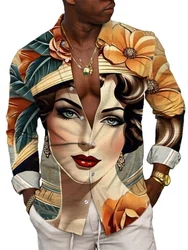 2024 New Court Style Button Down Men's Shirt Luxury Watercolor Beauty 3D Print Men's Long Sleeve Shirt Vintage Pattern Shirt