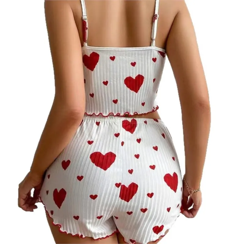 Women Ribbed Camisole Shorts Set Heart Print Ruffle Trim Adjustable Strap Bow Decor Wearable Loungewear Outfit