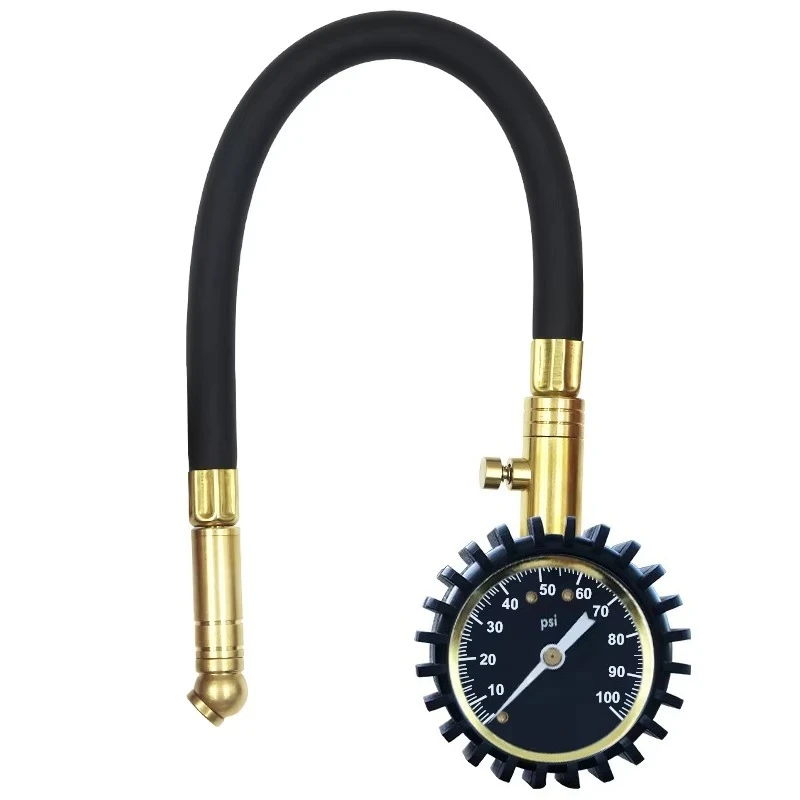

High Precision Copper Valve Leather Tube Automotive Tire Pressure Gauge Deflatable, Test Range 0-100 psi