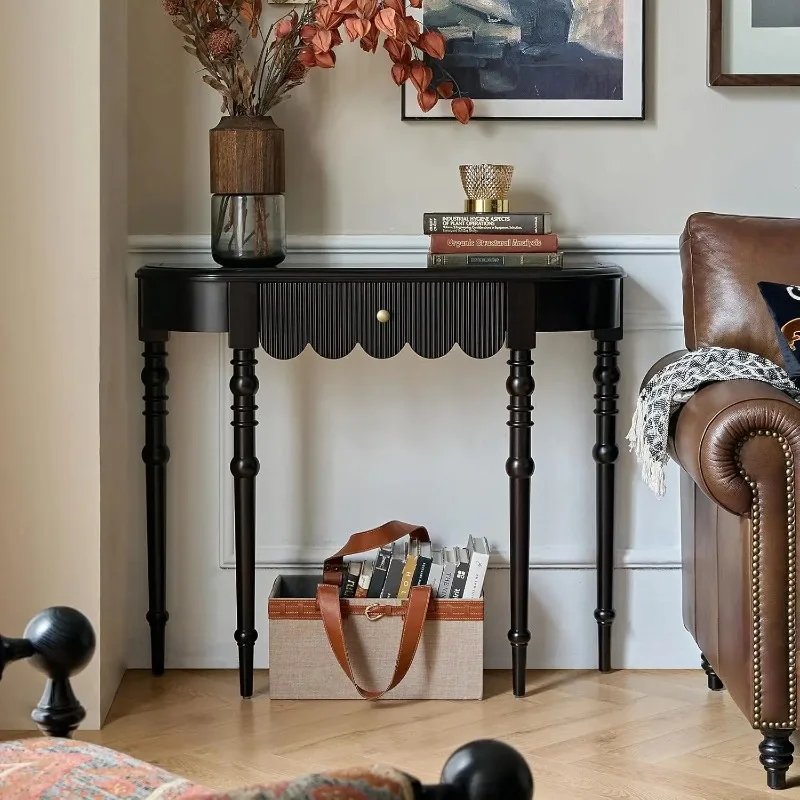 Black Solid Wood Console Table With Drawer Scalloped Edge Straight Legs Narrow Entryway Sofa Hallway Living Room, Customized