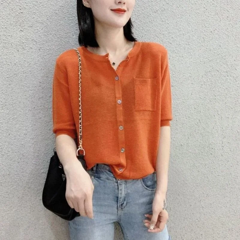 Cardigan Women Solid Thin Summer Short Sleeve All-match Ulzzang Fashion Chic Casual Elegant Female Daily Retro New Simple O-neck