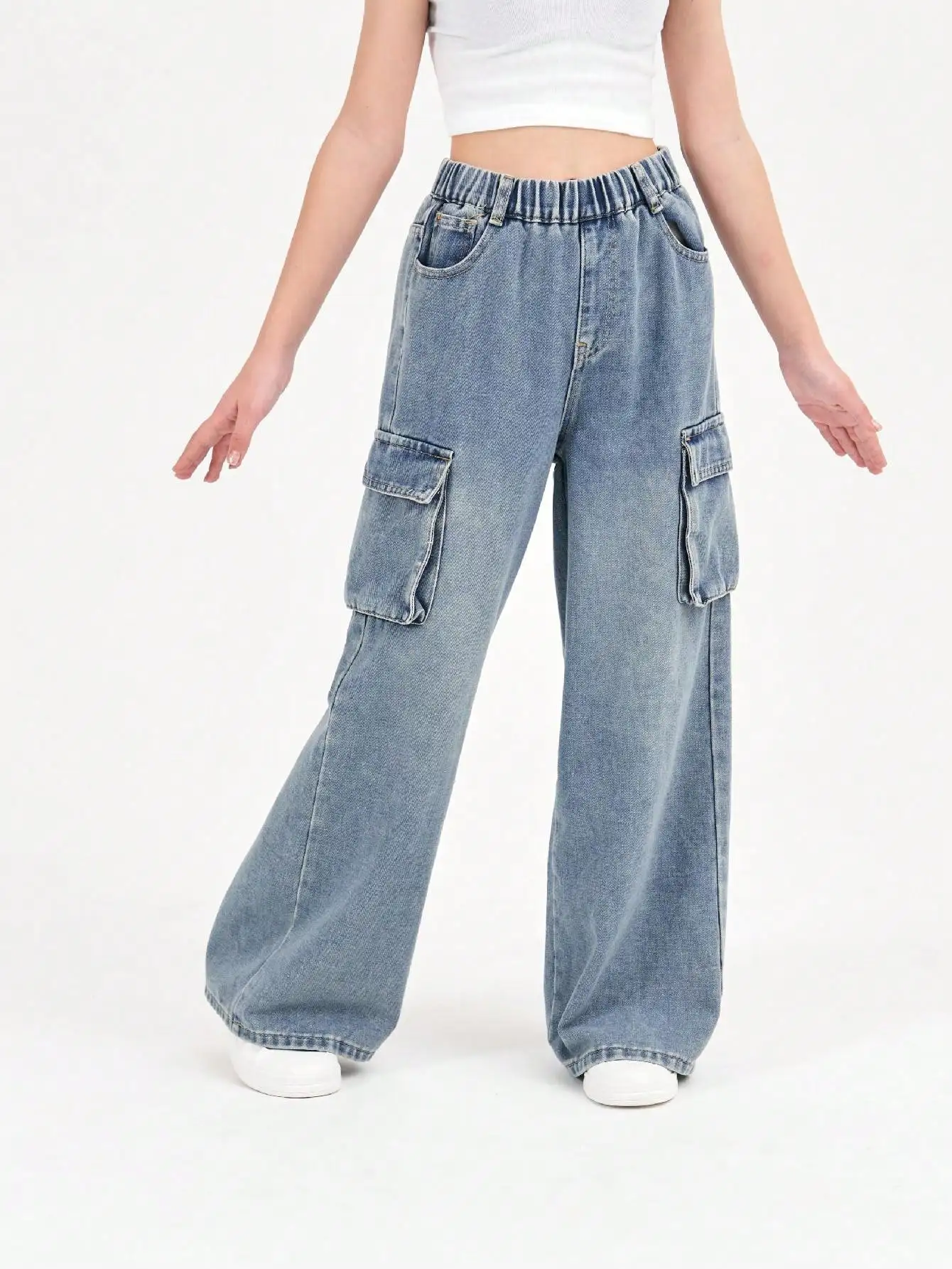 

Синие брюки-карго для девочек-подростков — стильные длинные потертые джинсовые брюки свободного кроя с несколькими карманами