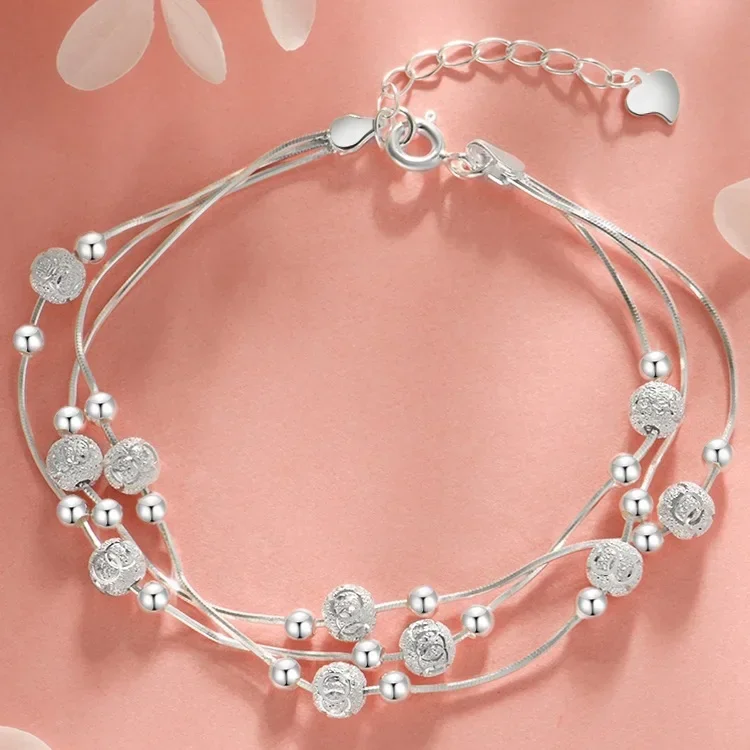 Pulsera fina de Plata de Ley 925 para mujer, cadena de bolas de la suerte, joyería ostentosa para fiesta, boda, regalo para amantes