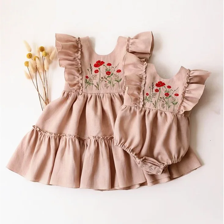 Kids Dress 25 Summer Girls Cute Flower Embroidery Dress Baby Child Fly Sleeve Outwear Clothing