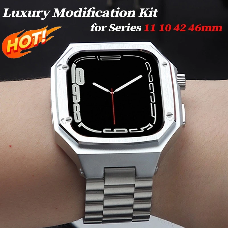 

Metal Modification Kit for Apple Watch 10 11 46 42mm Luxury Stainless Steel Strap+Metal Case for Iwatch S10 11 42 46mm Bracelet