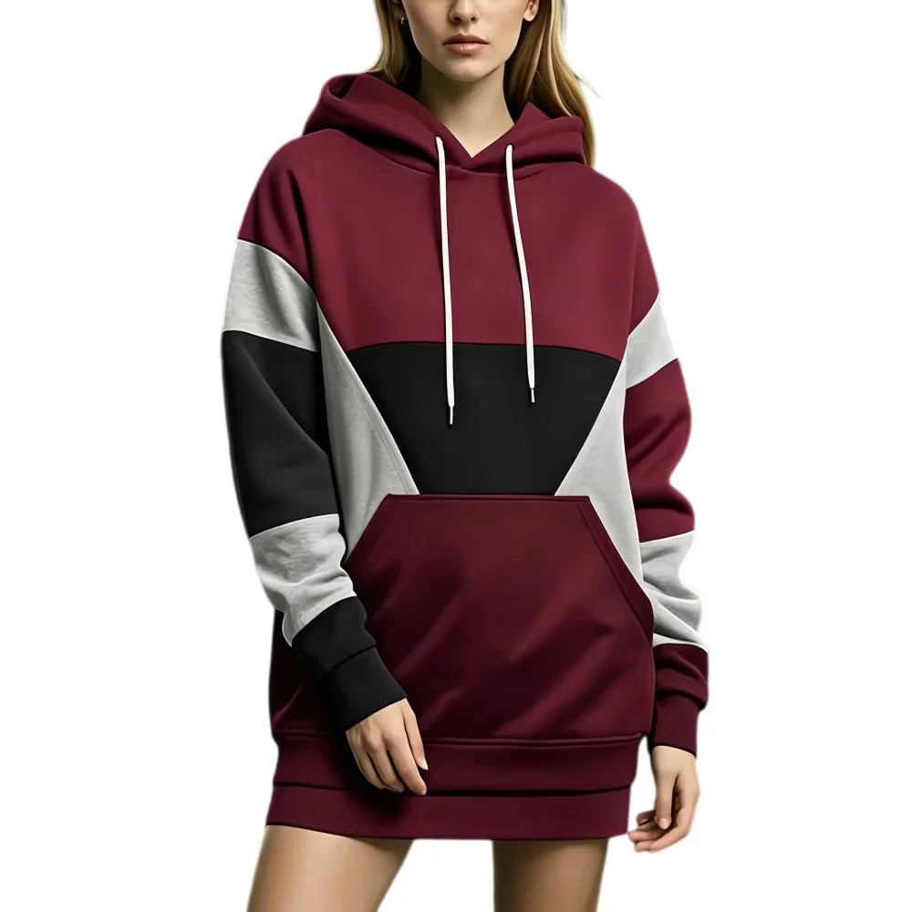 Autumn Winter Plain Color Contrast Splicing Hooded Sweatshirt Dress Women Loose Longline Drawstring Hood Front Pocket Casual Dai