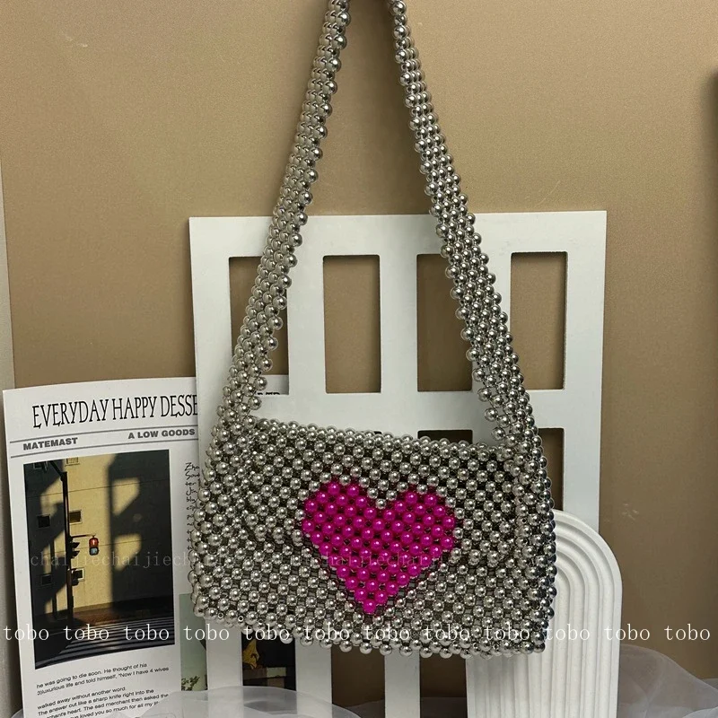 Retro Silver Beaded Shoulder Bags Homemade Heart Underarm Ladies Evening Party Handbag Patchwork Versatile Designer Shoulder Bag