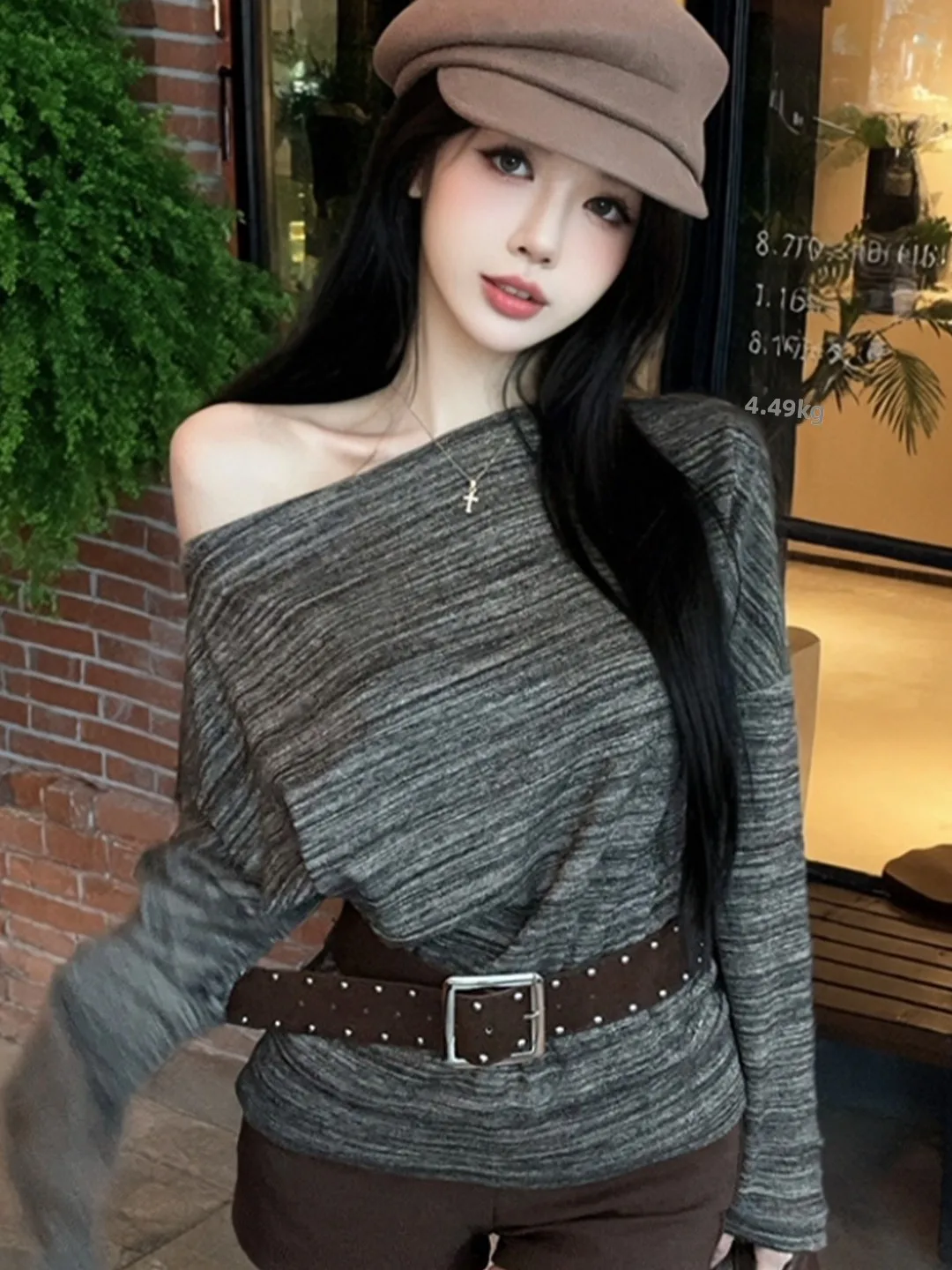 

Loose Long Sleeve T-Shirt Women's Fashionable Shoulder Slanting Belted Waist Lazy Style Korean Version Autumn Slimming Top