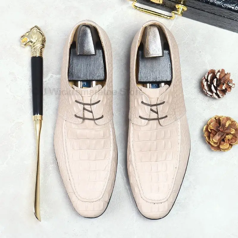 

HKDQ Men Beige Leather Oxford Dress Shoe Pointed Toe Derby Wedding Business Vintage Crocodile Grain Genuine Leather Shoe Fashion