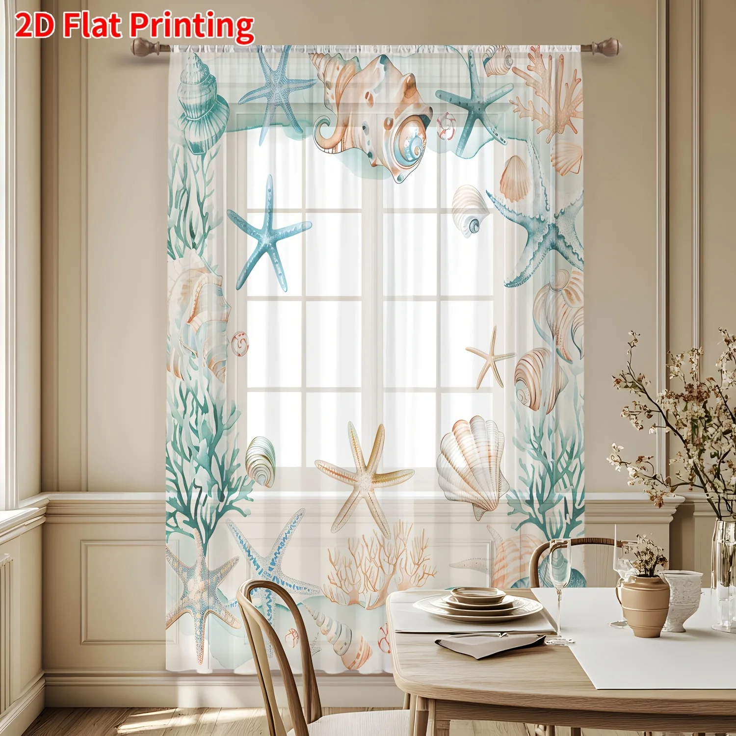 1PC Sheer Curtain, Watercolor Ocean Starfish & Seashell Print, Rod Pocket Sheer Drapes for Bedroom Living Room Decor