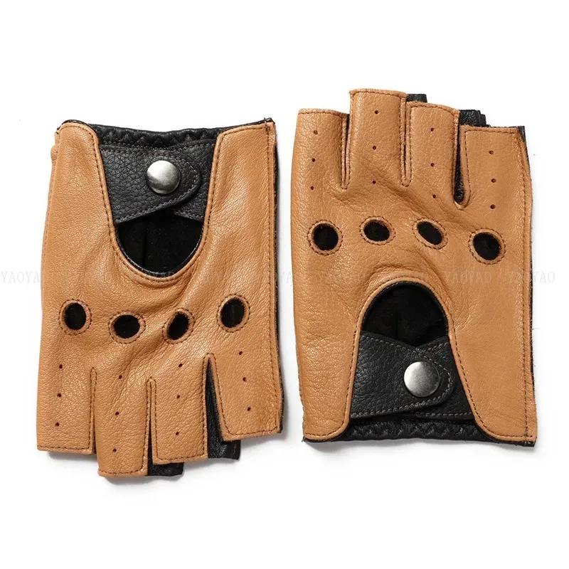 Gloves High Quality Super Soft Genuine Leather Deerskin Semi-Finger Mitt Short Thin Driving Locomotive Sports Men Women