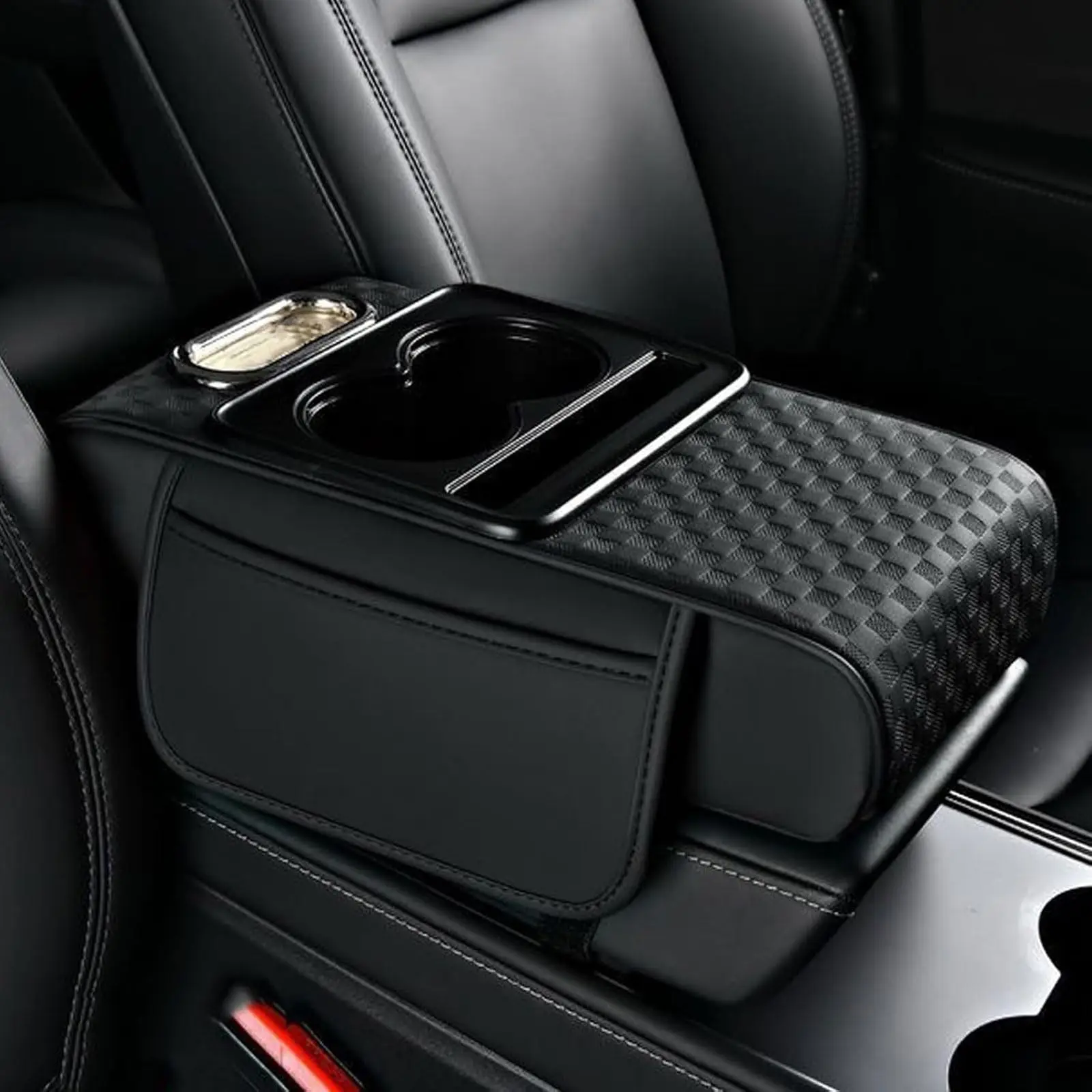 Universal Car Armrest Cover with Tissue Box & Cup Holders, Memory Foam Center Console Organizer, 5-in-1 Car Armrest Storage Box