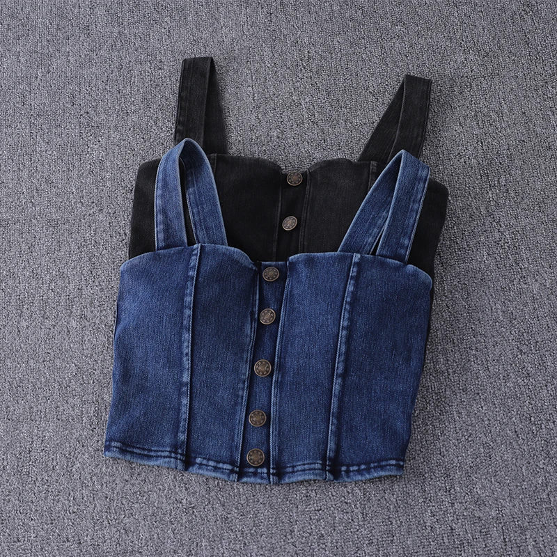 

Women Casual Denim Vest With Chest Pad Summer Sleeveless Stretch Imitation Jean Short Tank Top Casual Crop Tops