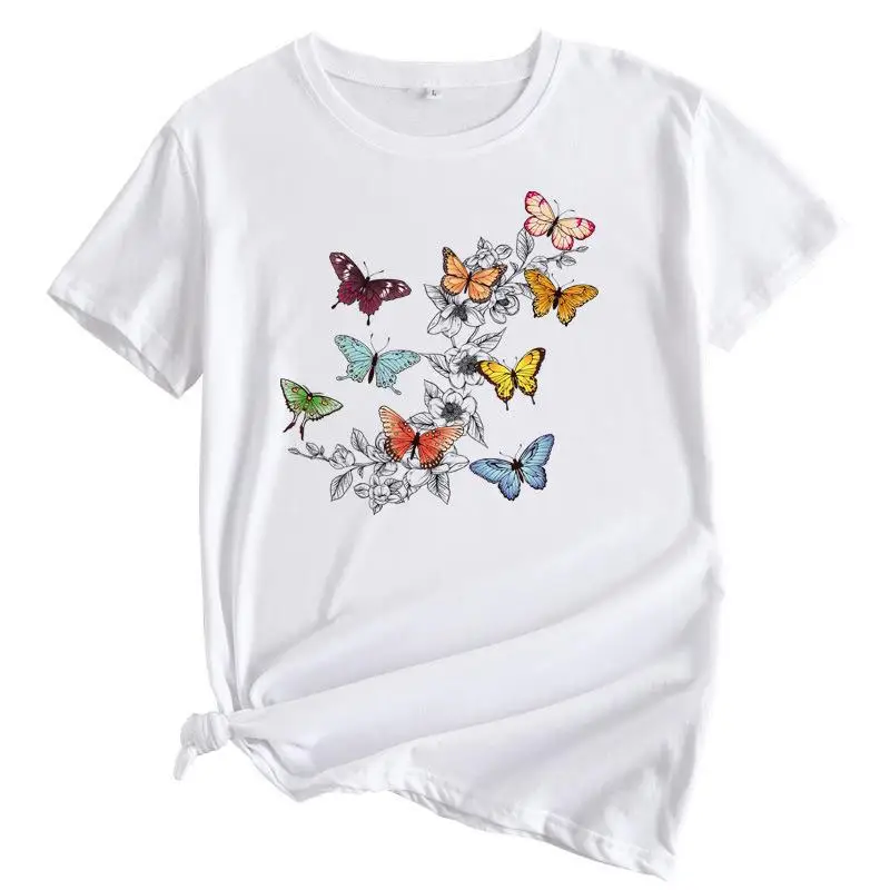 여성용 유럽과 미국 나비 프린트 러브 반팔 티셔츠 블라우스 하라주쿠 그래픽 티셔츠