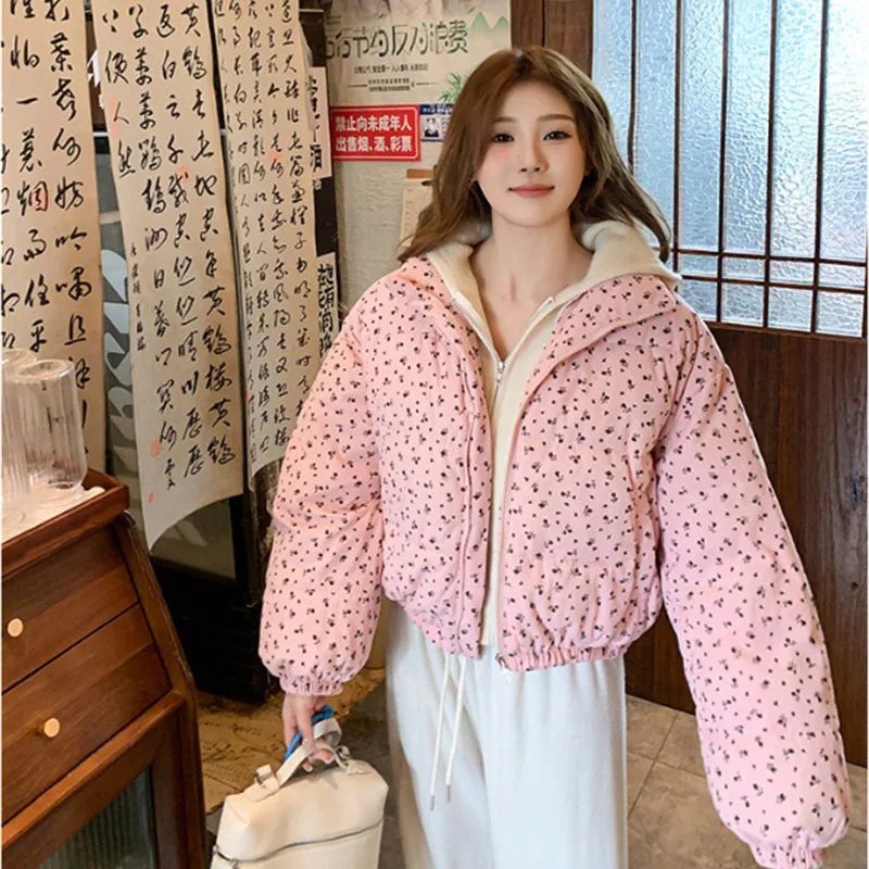 Women Fashion Floral Cotton Clothing Winter Short Jacket 2026 New Korean College Style Thick Cotton Coat Parker Overcoat