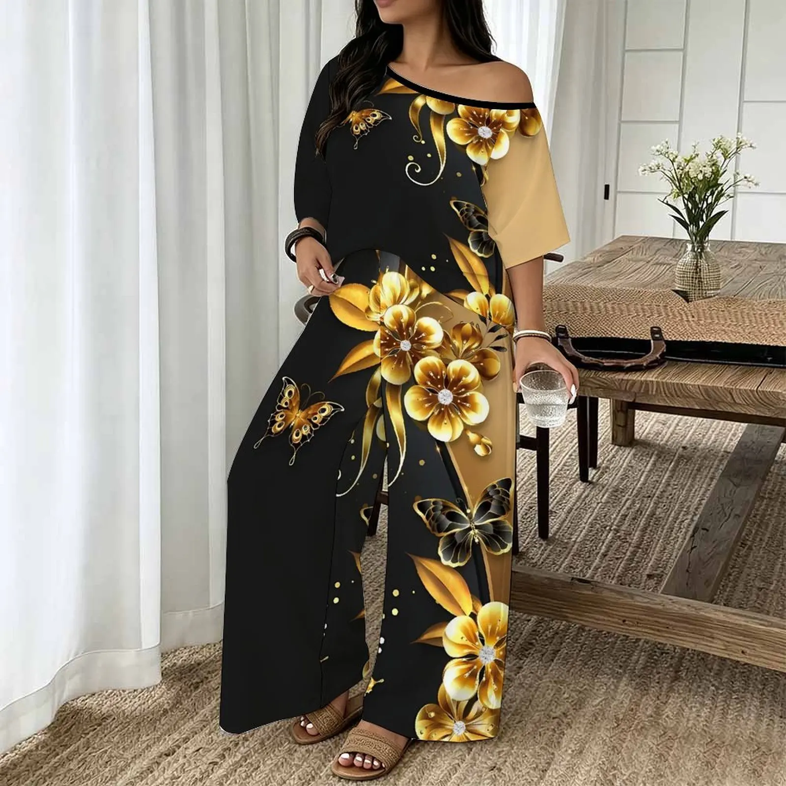Plus Size Vintage Print Two Piece Set Ladies Casual Sloping Shoulders Short Sleeved Elegance Tops Everyday Street Sport Pants