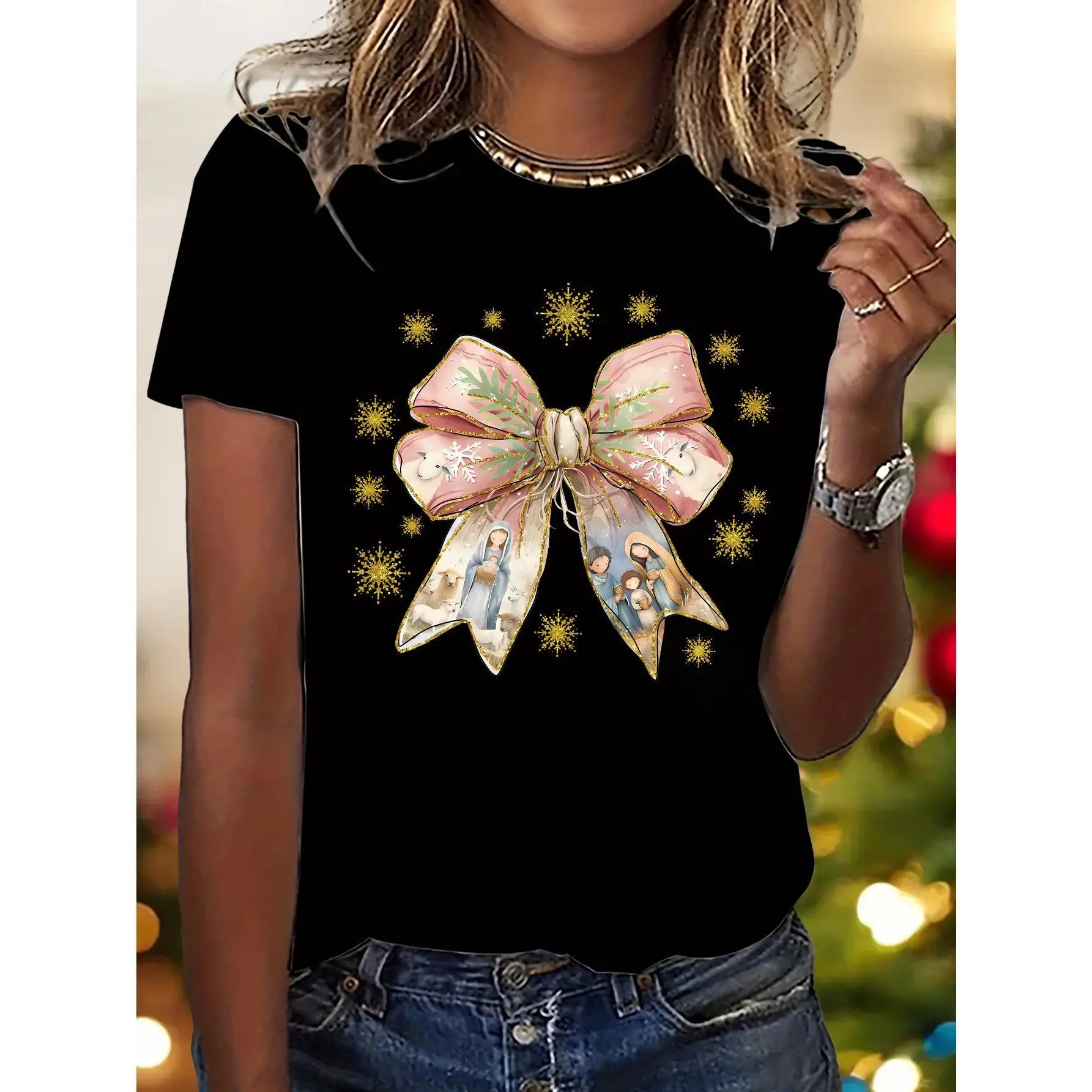 

Women's Christmas Nativity T-Shirt | Holiday Bethlehem Scene Bow Graphic Tee | Christian Faith Religious Gift Top
