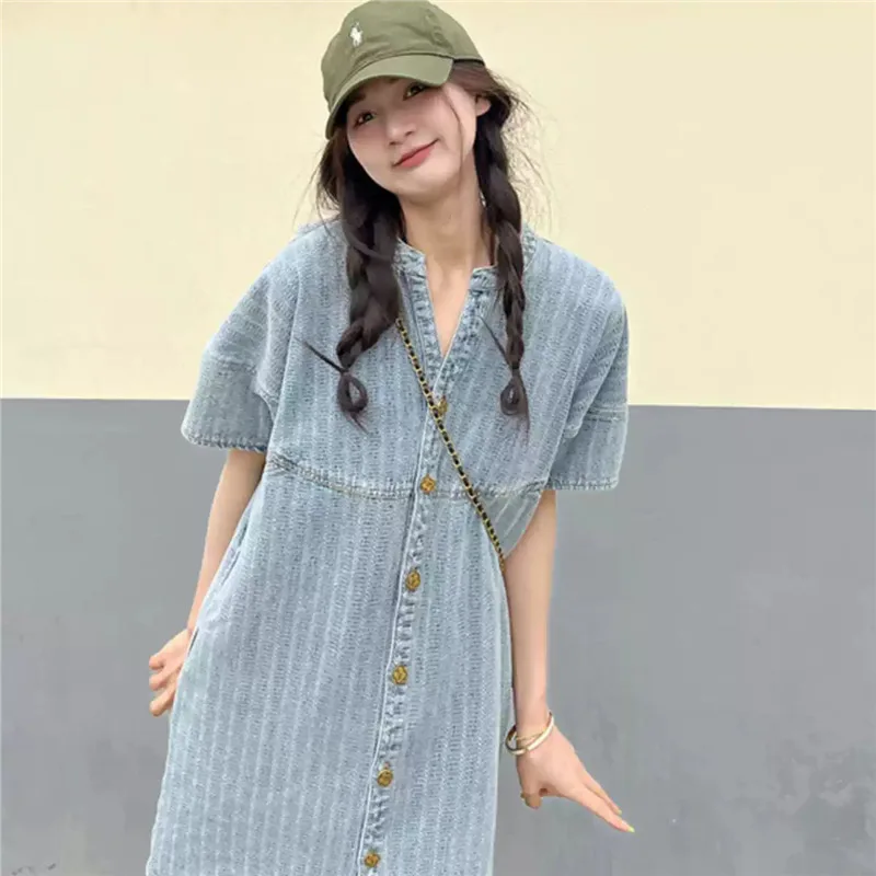 Robe en jean rayée décontractée, nouvelle robe chemise d'été 2025