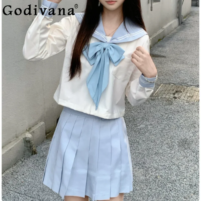 Fashion Versatile High Waist A-line Girl Pleated Skirt Sets New Sweet Jk Japanese Long Sleeve Navy Collar Age-reducing Shirt