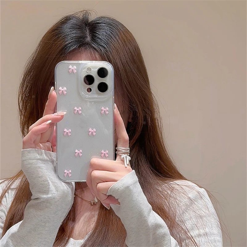 Cute Pink Bowknot Phone Case For iPhone 16 15 14 13 12 11 Pro Max X XS Max MiNi Plus Korea Girl Soft Cover Epoxy Glitter Shell