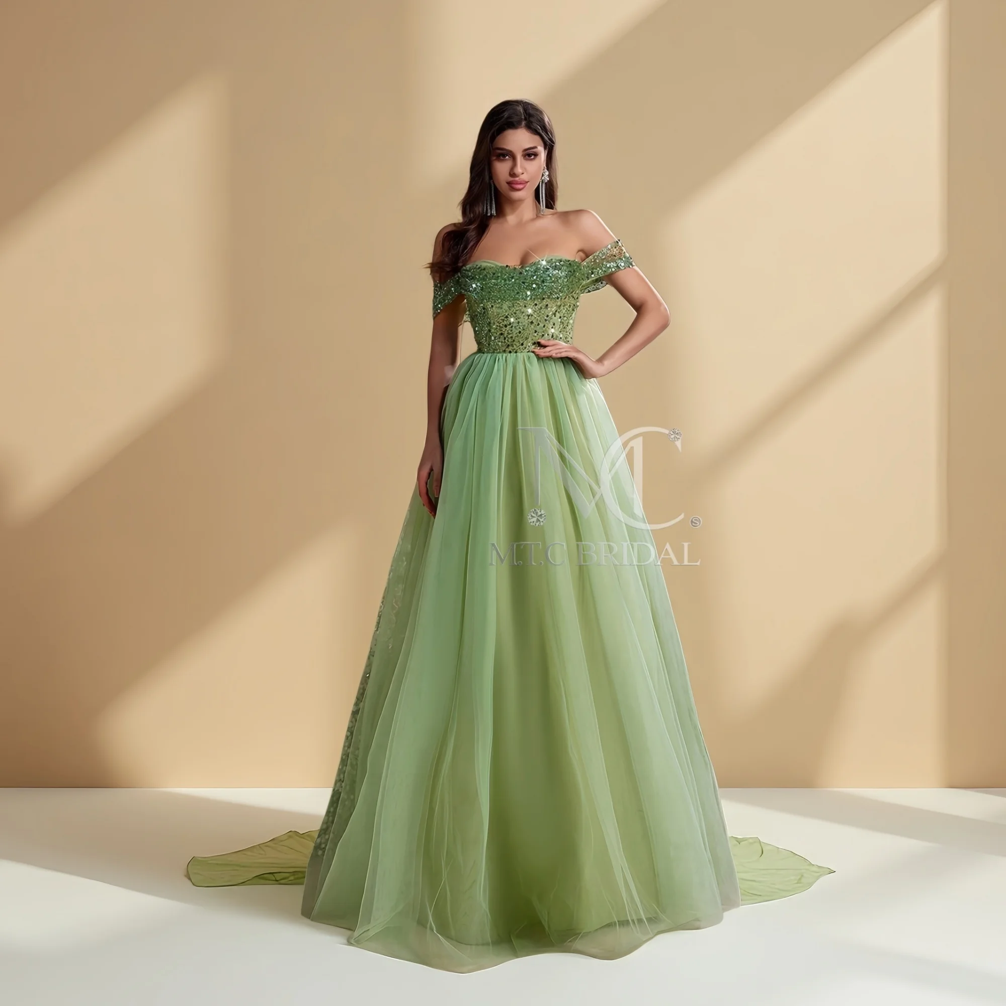 

High Quality 2026 Long Mint Green Evening Dress Off The Shoulder A Line Beading Tulle Formal Occasion Gowns For Prom Plus Size