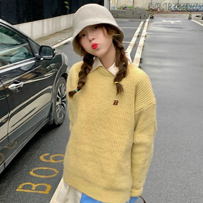 

Пуловер женский с вышивкой в рубчик, свободный милый Harajuku, мягкий женский джемпер, вязаный толстый свитер с круглым вырезом, универсальный модный