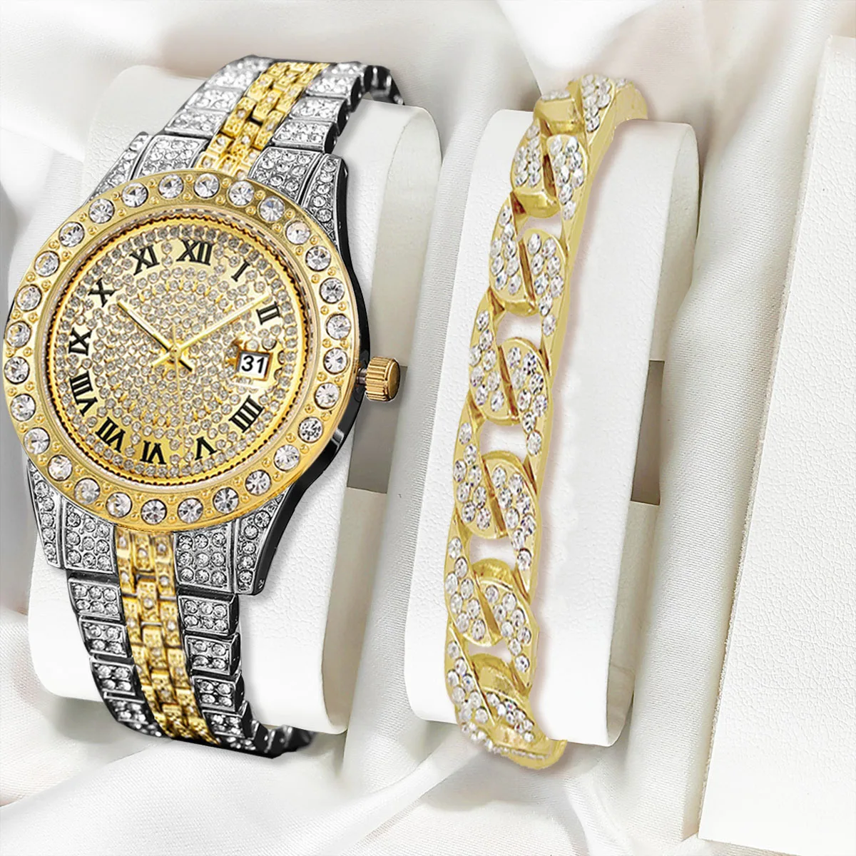 Men Watches 2pcs Luxury Men\'s Fashion Business Sport Watch Calendar Quartz Wristwatches Relogio Masculino Cuban Bracelet Set