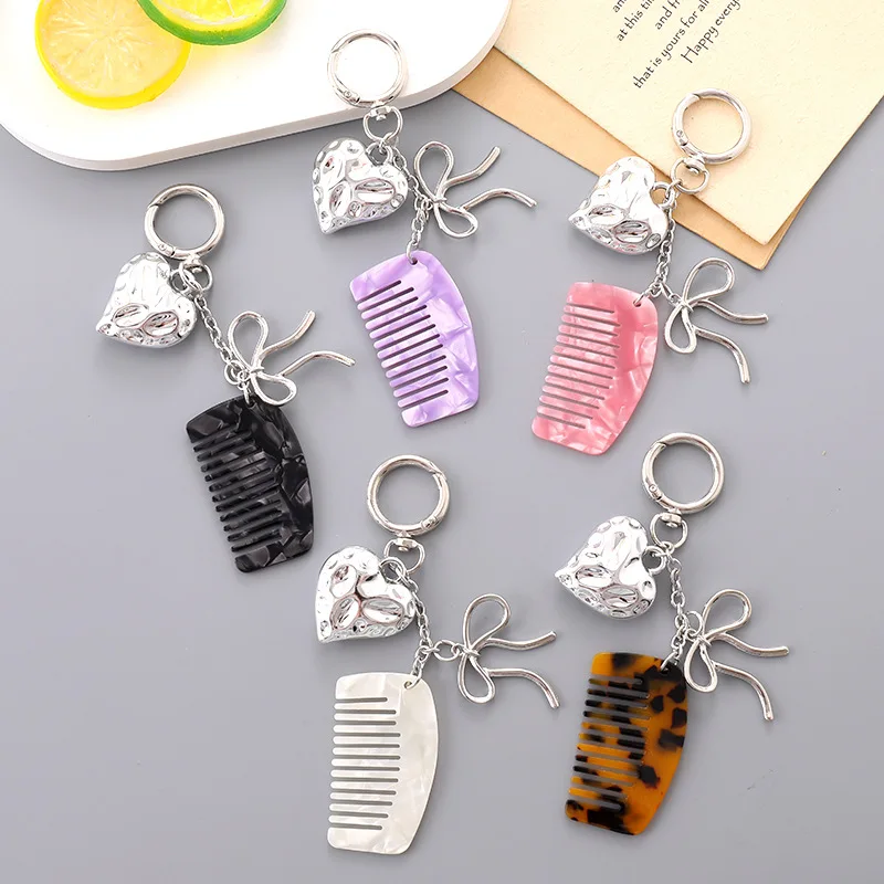 

Exquisite Comb Keychain Acetic Acid Phone Strap Pendant Mini High-end Creative Novel Handle Heart-shaped Bow Anti Loss Keychain