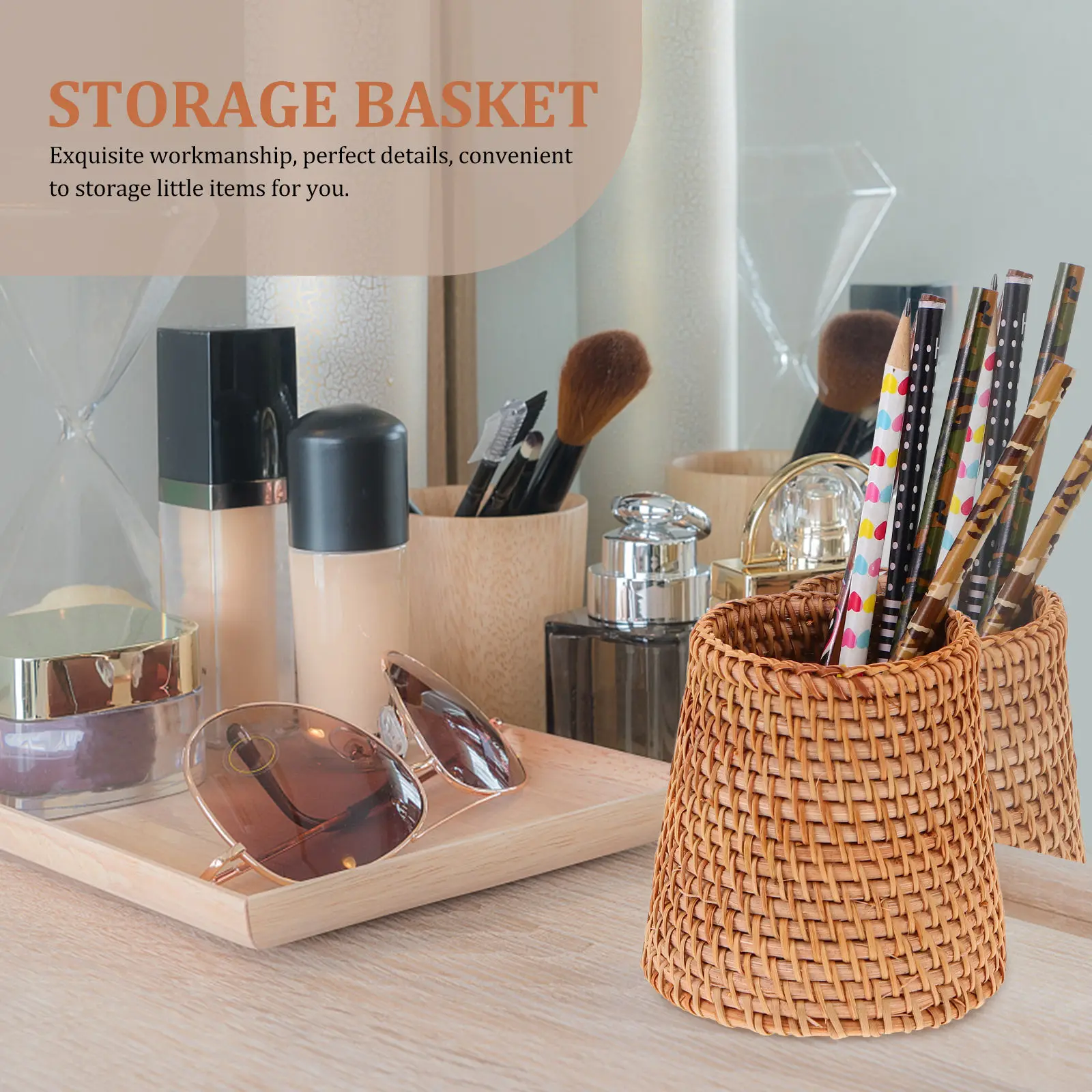 1Pcs Wood Woven Sundries Storage Basket Desk Pen Holder Compact Organizer Stationary Container Small Items Box