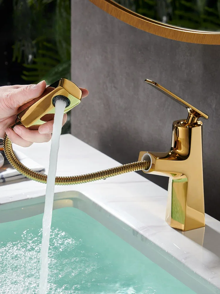 

Golden luxury simple pull-out hot and cold basin faucet shampoo washbasin bathroom telescopic single-hole faucet