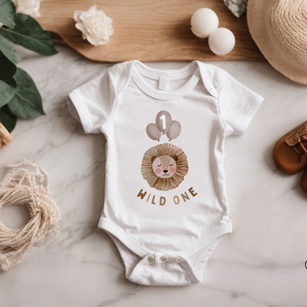 Wild ONE&LION Pattern Print Baby Romper Casual Short Sleeve Birthday Infant Bodysuit First Birthday Summer Boy Clothes