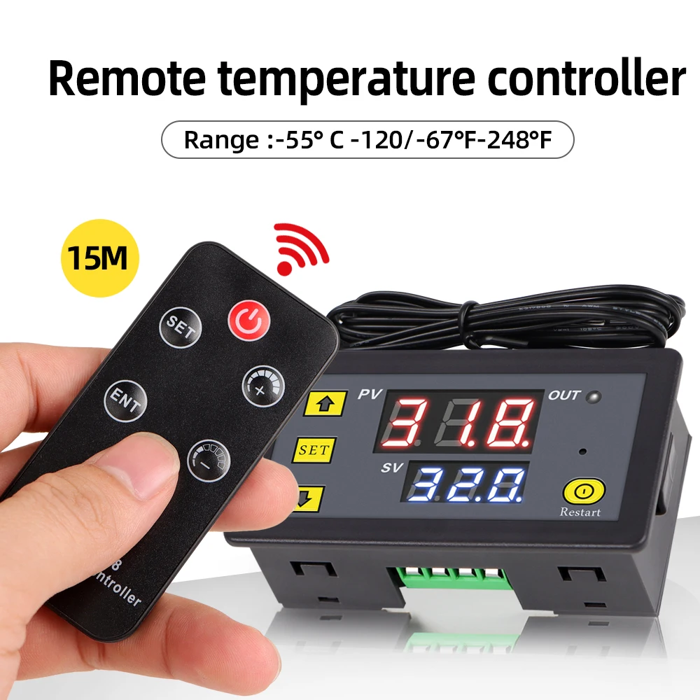 

W1608 LED Display Digital Temperature Controller DC 12V Heat Cool Aarm Control Thermostat with NTC Sensor Remote Control