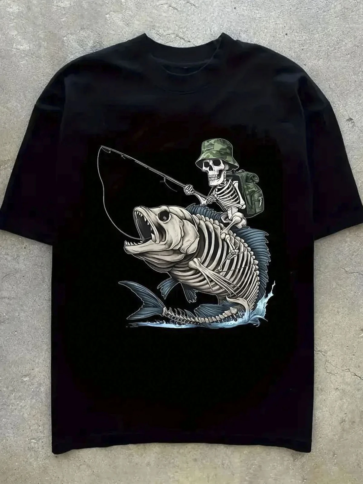 

Men's 100% Cotton Skull Fishing Graphic T-Shirt – White Short Sleeve Crewneck wi