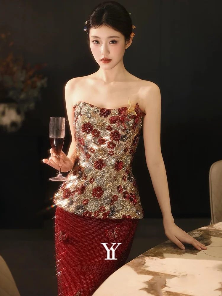 

Красное вечернее платье цвета вина 2025 года, новое, без бретелек, с пайетками, фасон «рыбий хвост», длинное, женское, красное, класса люкс, элегантное, для торжественных мероприятий