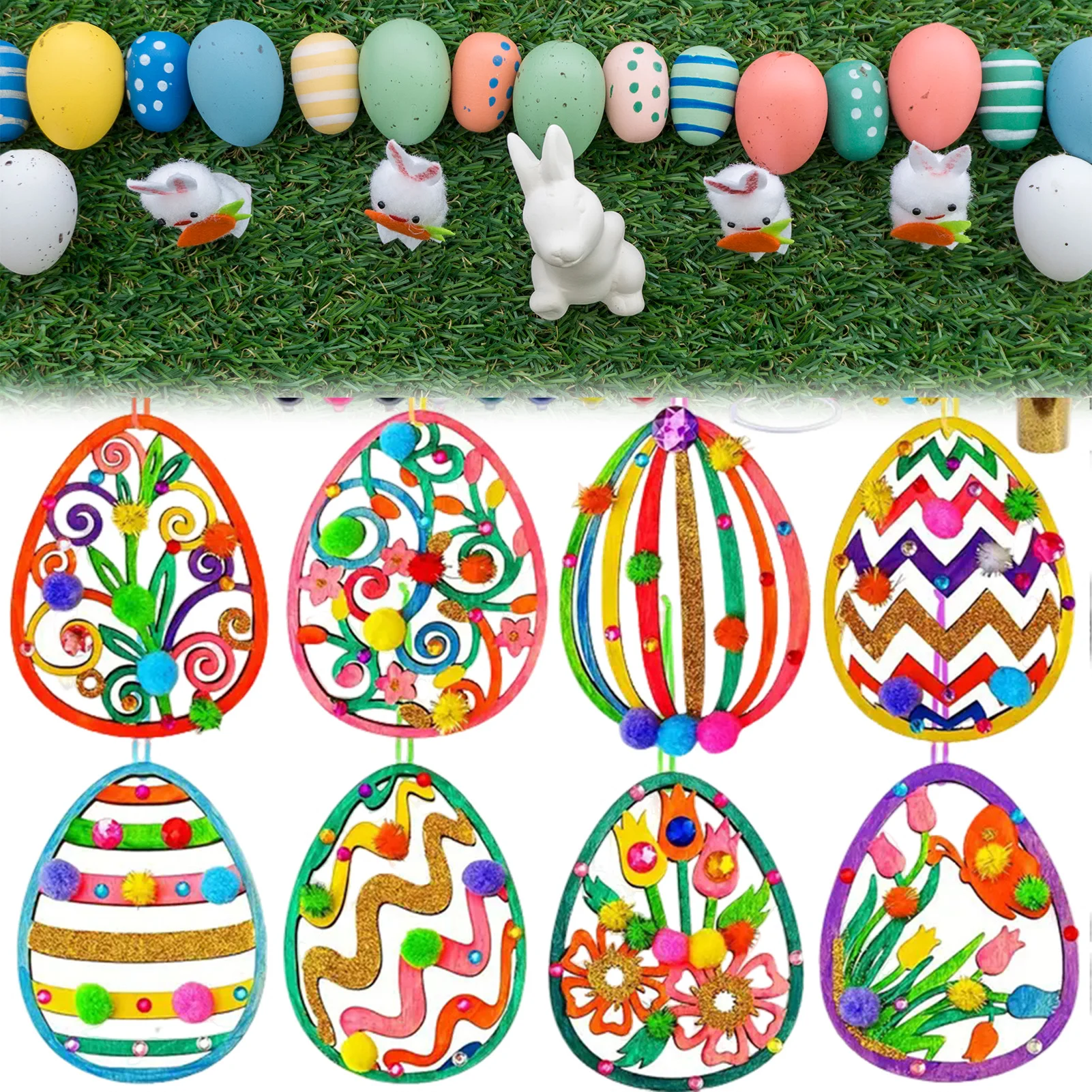 Easter Egg Painting Kit Ornament with Artificial Rhinestone Stickers Paint Brushes Suitable for Spring Classroom Home